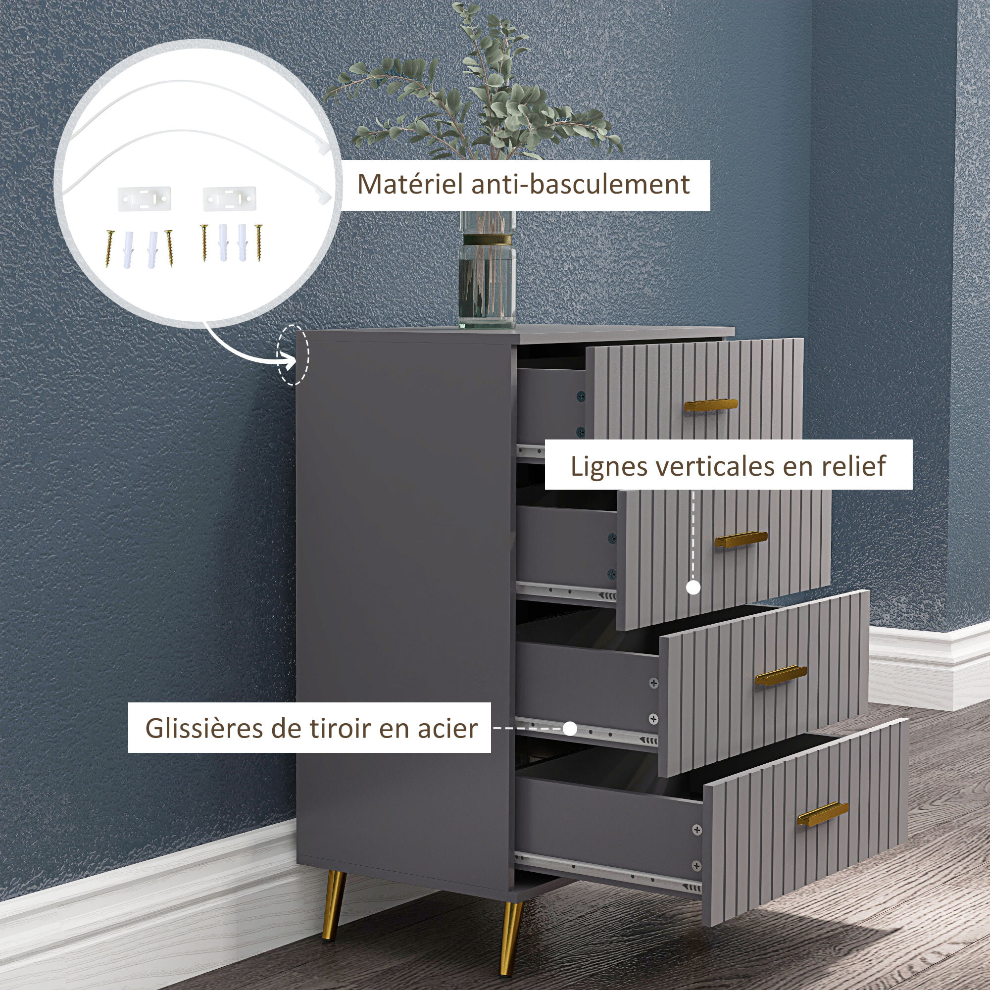 Commode 4 tiroirs style art déco - dim. 60L x 40l x 90H cm - alu. doré panneaux gris