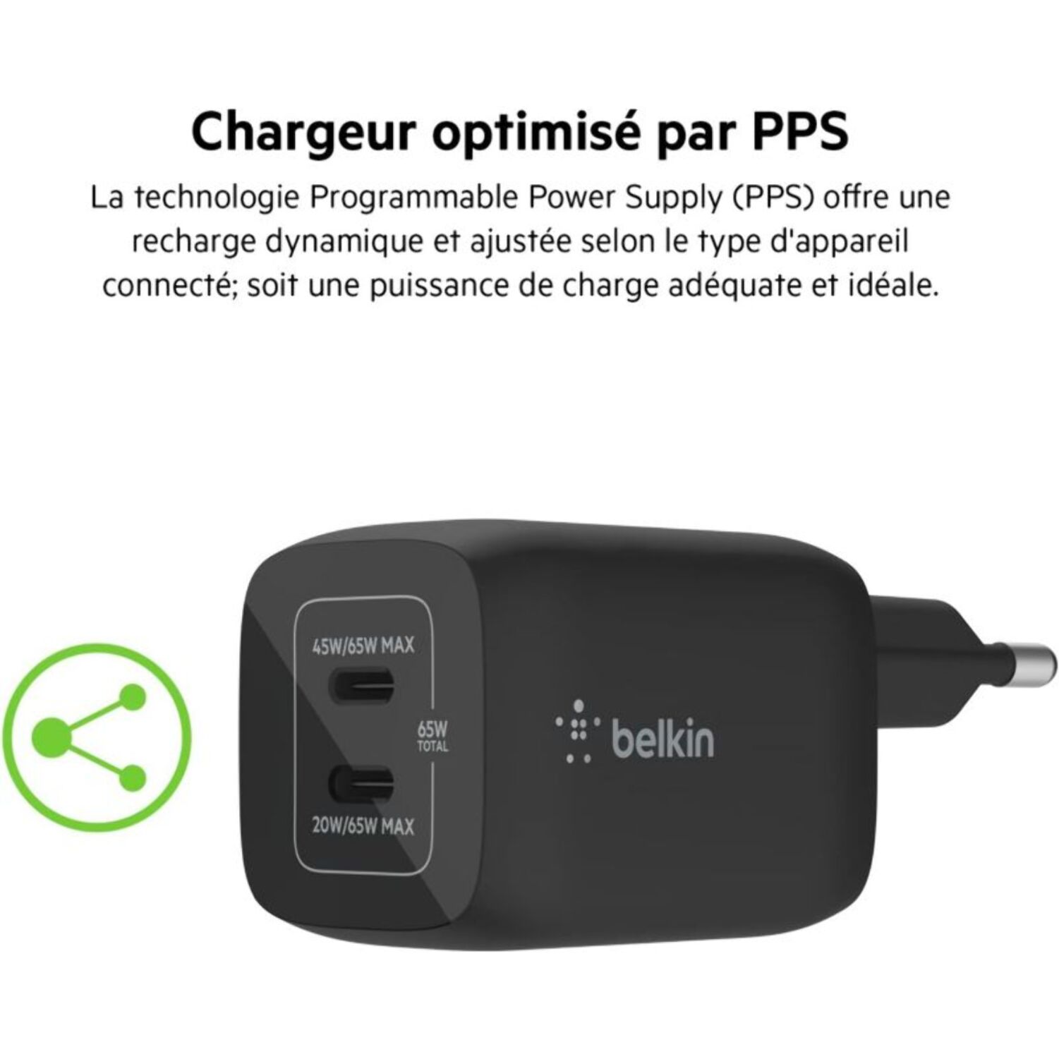 Chargeur BELKIN USB C x2 65W GaN PPS Noir