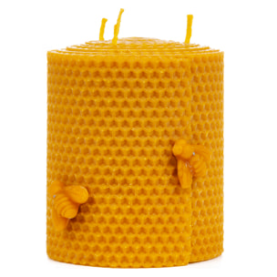 Velón de miel, de cera de abeja natural, con 3 mechas, decorado con abejas.