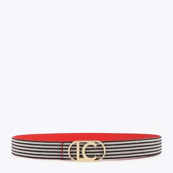 Cintura reversibile in tela color corallo e a righe con fibbia ovale con logo LC