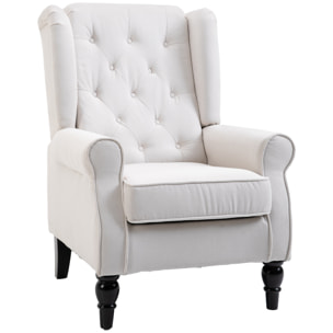 Fauteuil à oreilles style Chesterfield dossier capitonné grand confort bois noir tissu crème