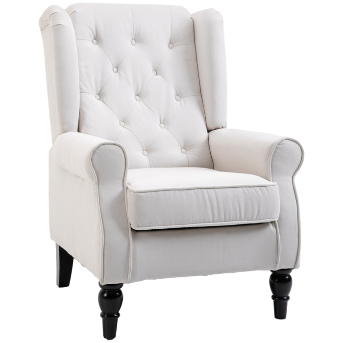Fauteuil à oreilles style Chesterfield dossier capitonné grand confort bois noir tissu crème