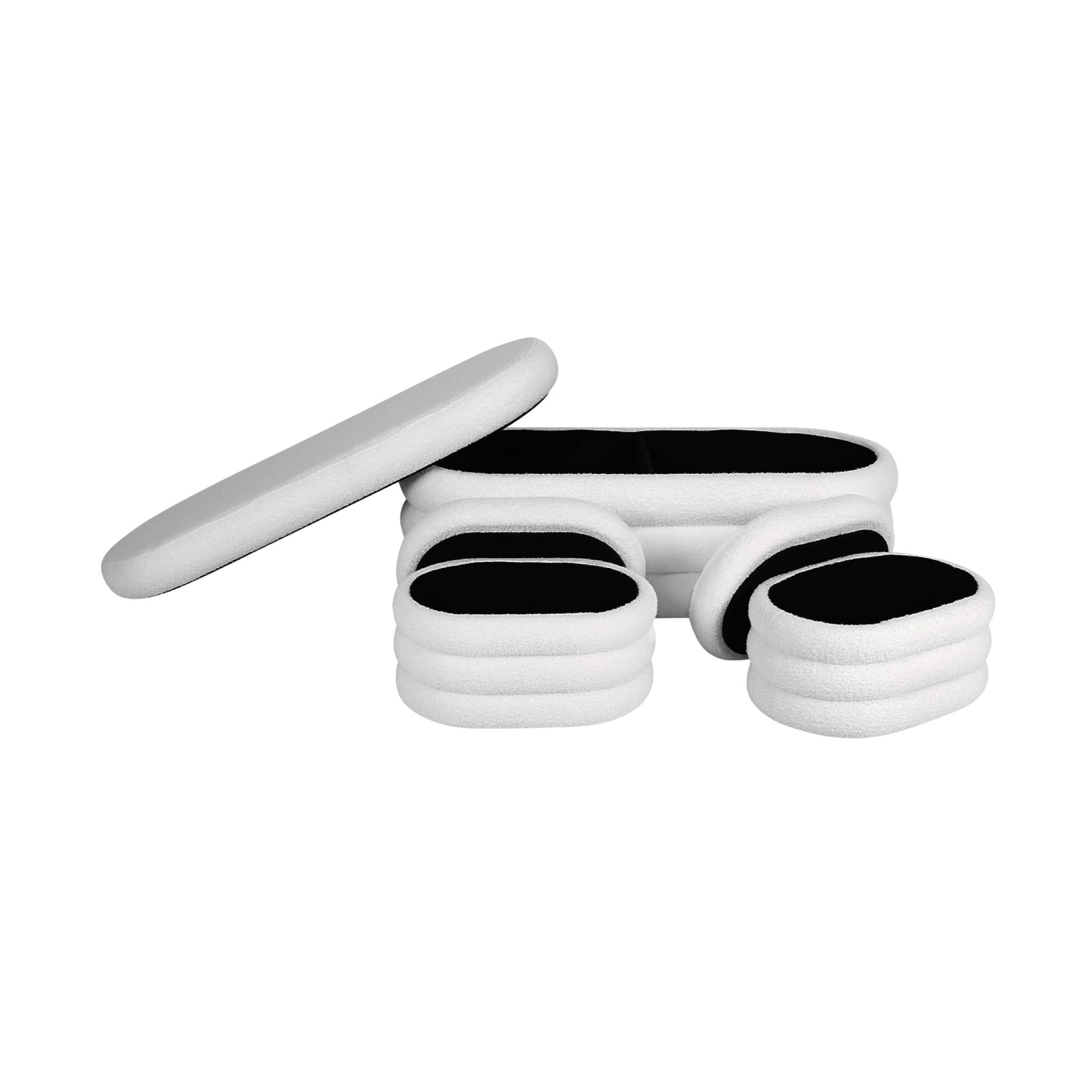 Banc coffre en bouclettes blanches avec 2 poufs ovales de rangement intégrés - L111cm