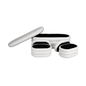 Banc coffre en bouclettes blanches avec 2 poufs ovales de rangement intégrés - L111cm