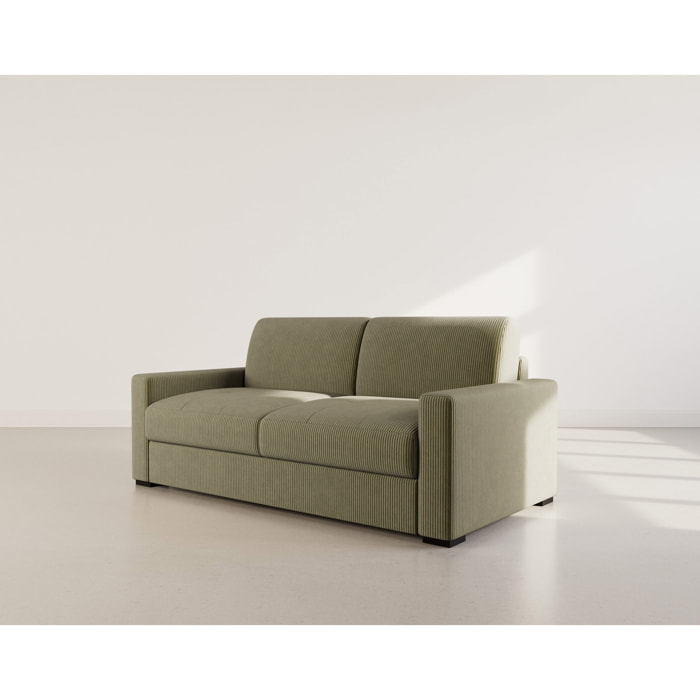Tristan - Canapé lit 3 places convertible express couchage quotidien 140 cm matelas 14 cm en velours côtelé - Vert Kaki