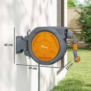 Dévidoir mural enrouleur automatique pivotant 180° tuyau 30+2m avec pistolet arrosage support mural intégré orange gris