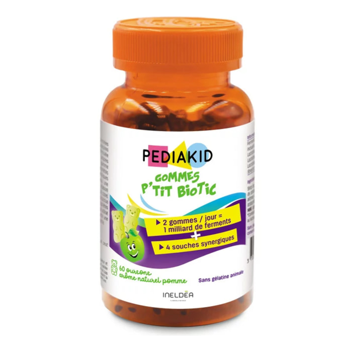 PEDIAKID - Gommes P'tit Biotic - Formule Naturelle au Délicieux Arôme de Pomme - Contribue à Enrichir la Flore Intestinale - Soutient les Défenses de l'Organisme - 60 gommes