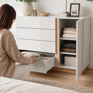 Mobile Comò Cassettiera Anta Design Moderno Ripiano Per Abiti Biancheria Camera Da Letto Cameretta Salvaspazio 138.2 x 90.5 x 40 Cm Bianco E Rovere