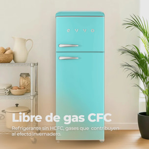 EVVO Frigorífico 2 puertas F45 Retro Azul pastel, 170 L + 45 L, diseño vintage, Crisper Zone, libre de CFC, silencioso