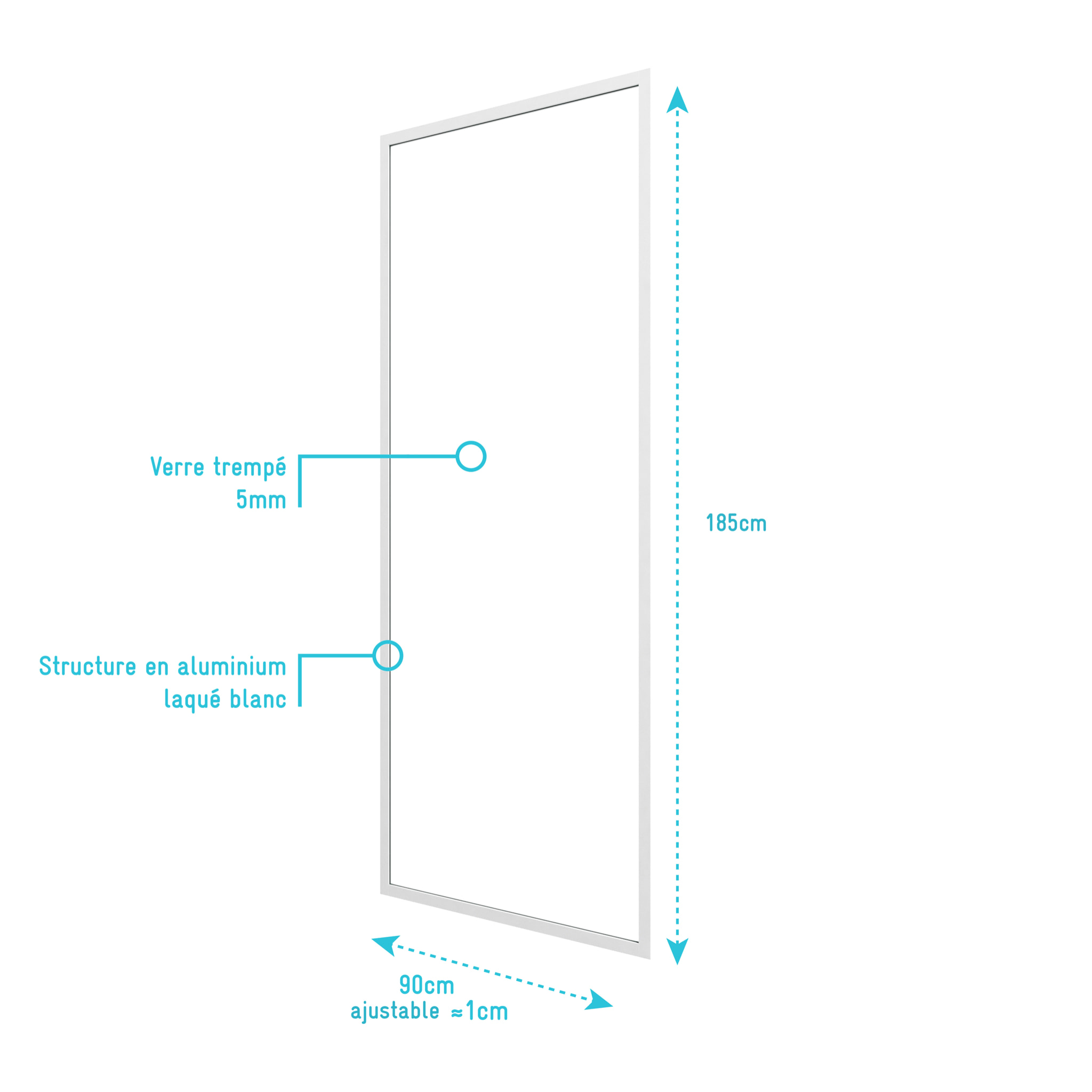 Paroi porte de douche blanc RETOUR 90x185cm pour porte - verre transparent 5mm - WHITY SIDE 90