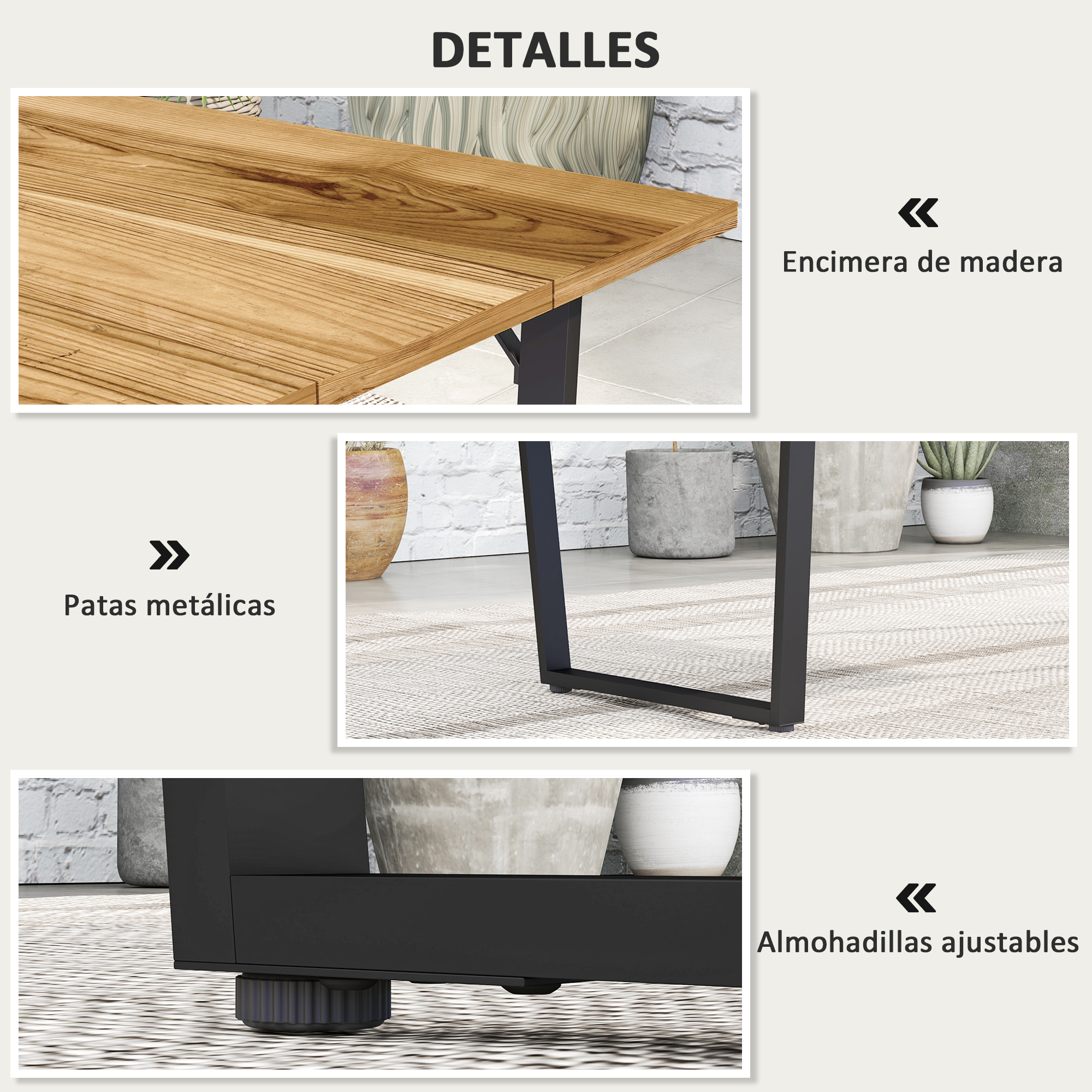 Mesa Comedor de Jardín de Madera Rectangular Mesa de Terraza Exterior 175x80x75 cm con Orificio para Sombrilla Estructura de Acero y Encimera de Listones para Patio Balcón Natural