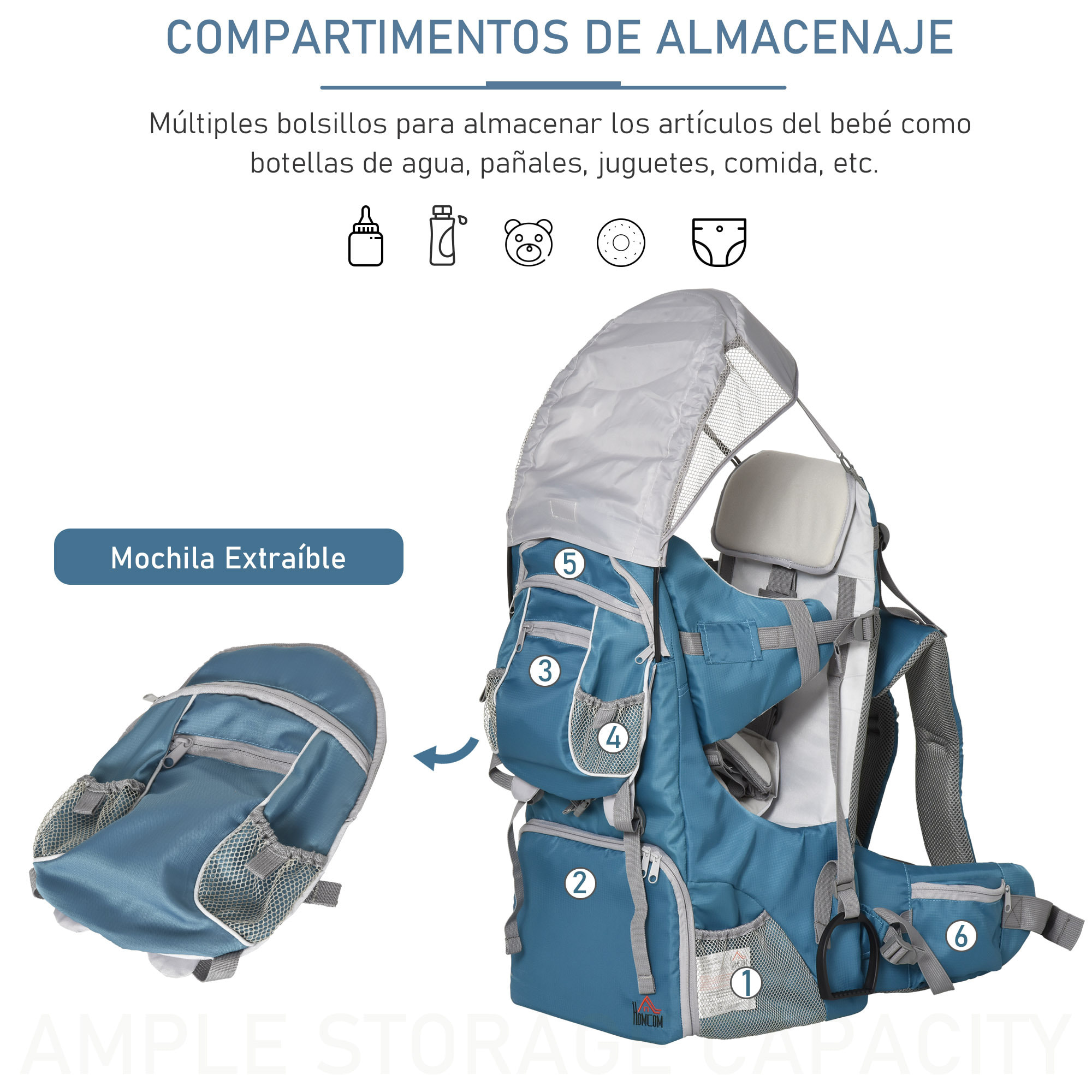 Mochila Portabebés con Protector de Lluvia y Sol Azul y Gris