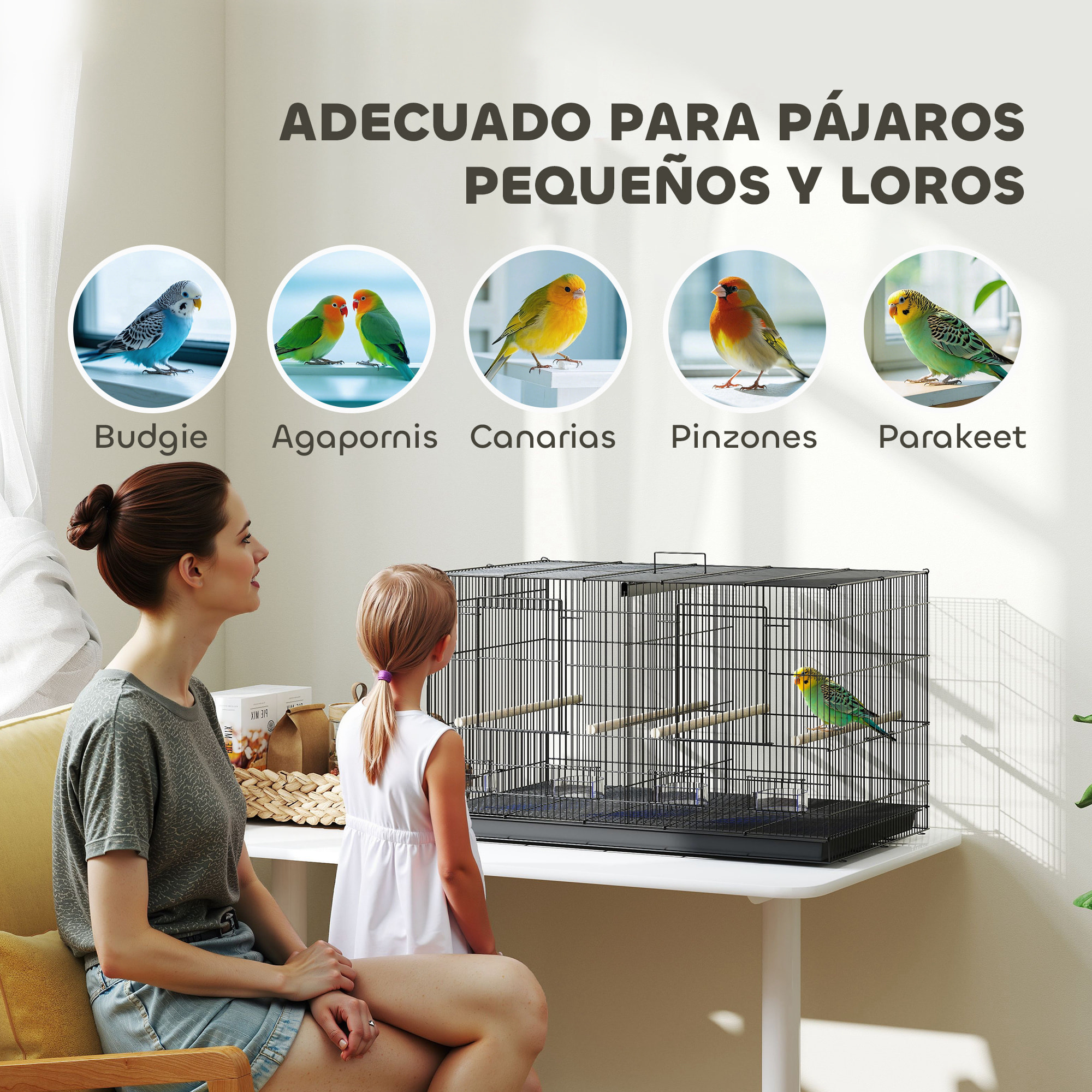 Jaula para Pájaros con Divisor Jaula para Mascota Aves Loros Canarios Pajarera con Comederos Perchas y Bandeja Extraíble 94x57x57 cm Negro