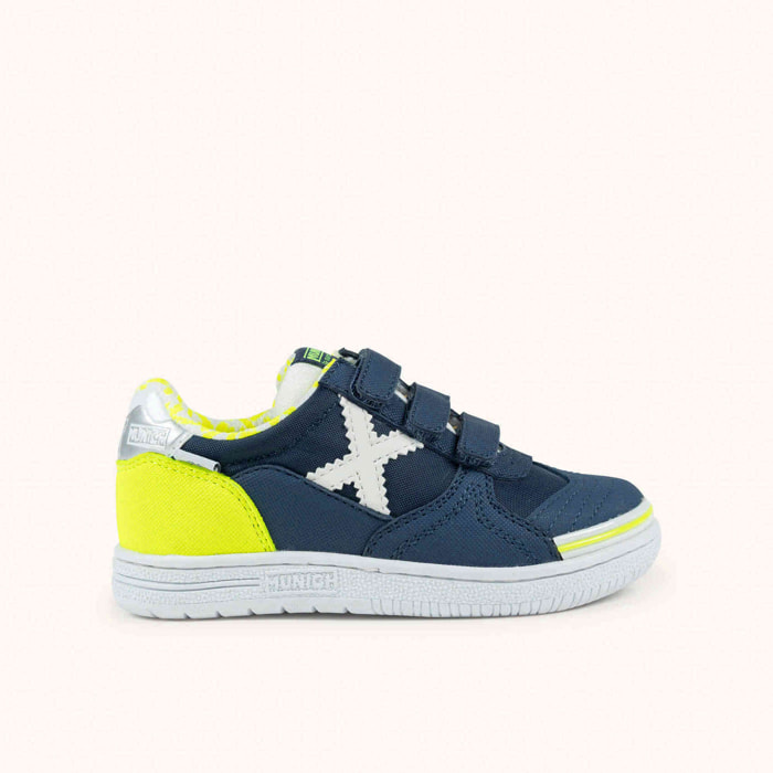 MUNICH G-3 KID VCO 459 Zapatillas Infantiles de Fútbol Sala Azul Petróleo con Talón Amarillo Flúor y Triple Velcro