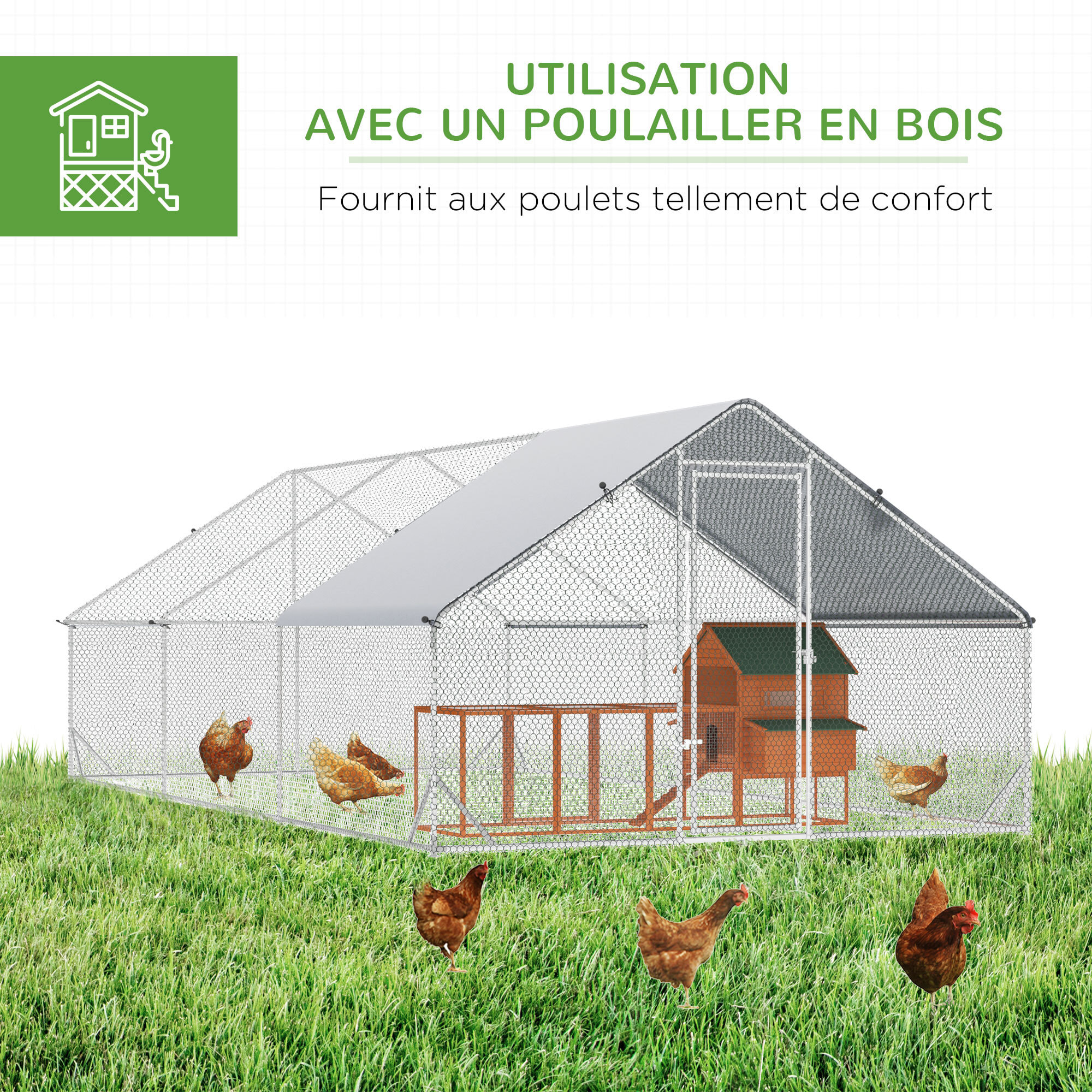 Enclos poulailler chenil 18 m² - parc grillagé dim. 6L x 3l x 2H m - espace couvert - acier galvanisé