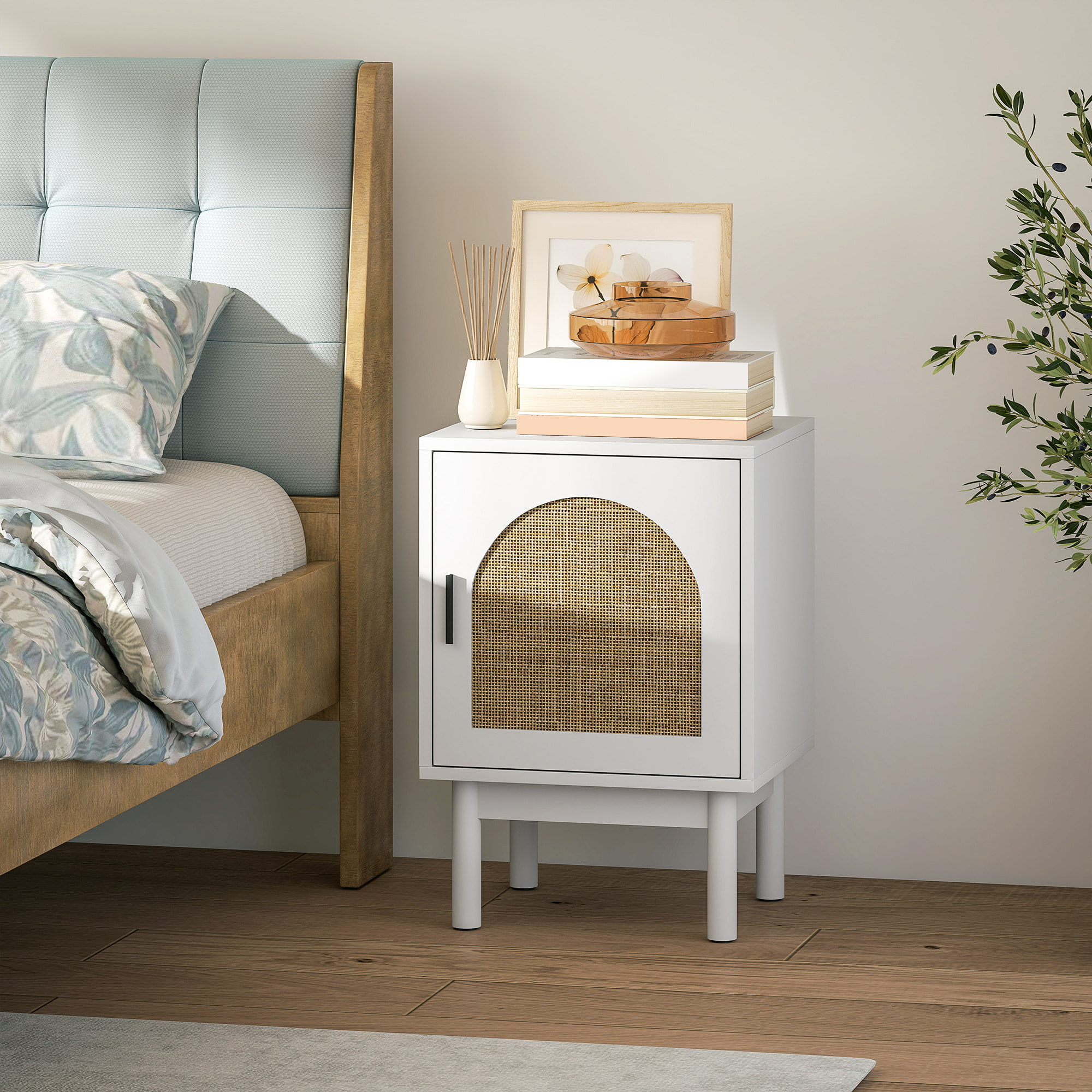 Mesita de Noche Moderna Mesilla de Noche Estrecha con 2 Compartimentos Abiertos Diseño en Forma de Arco Mesa Auxiliar para Salón Dormitorio 40x30x60 cm Crema