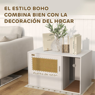 Mueble Arenero para Gatos Caja de Arena para Gatos con Almohadilla para Rascar y Puerta de Ratán para Salón Dormitorio 80x50x50 cm Blanco