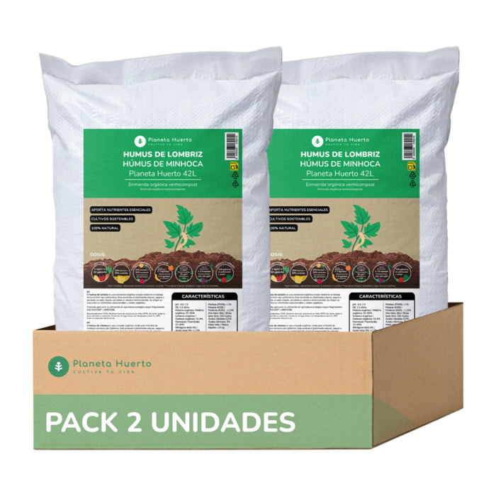 PLANETA HUERTO | Pack 2x Humus de Lombriz 42 L | Fertilizante Orgánico para Suelo y Plantas | Mejora la Nutrición del Cultivo