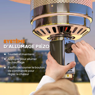 Parasol chauffant gaz mobile 2 roulettes 11 kW allumage piézo électrique H.223cm métal noir alu.