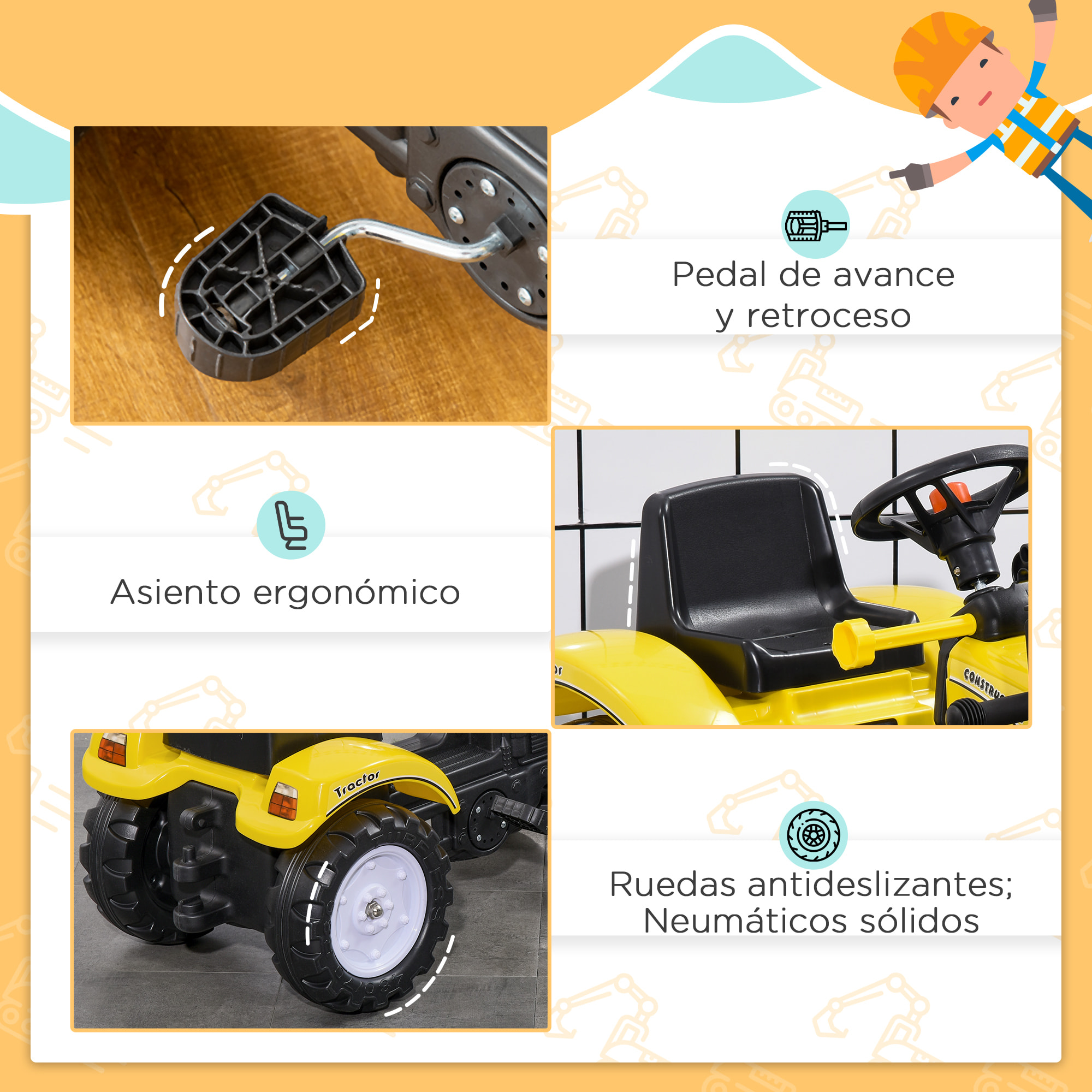 Tractor a Pedales para Niños de 3 Años Excavadora Camión con Pala Delantera Juguete de Montar Coche de Pedales Carga 35 kg 114x41x52 cm Amarillo