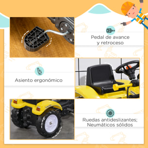 Tractor a Pedales para Niños de 3 Años Excavadora Camión con Pala Delantera Juguete de Montar Coche de Pedales Carga 35 kg 114x41x52 cm Amarillo