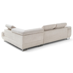 Zaria - canapé d'angle droit 5 places convertible avec coffre et têtières en velours côtelé grosses côtes - Beige