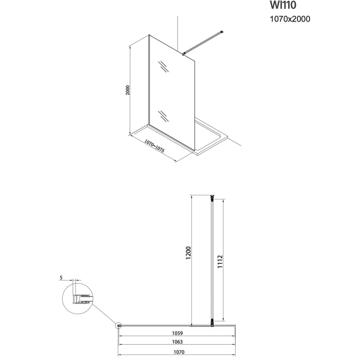 Paroi de douche à l'italienne 107x200cm Walk-in, verre fumé (WI110KS)