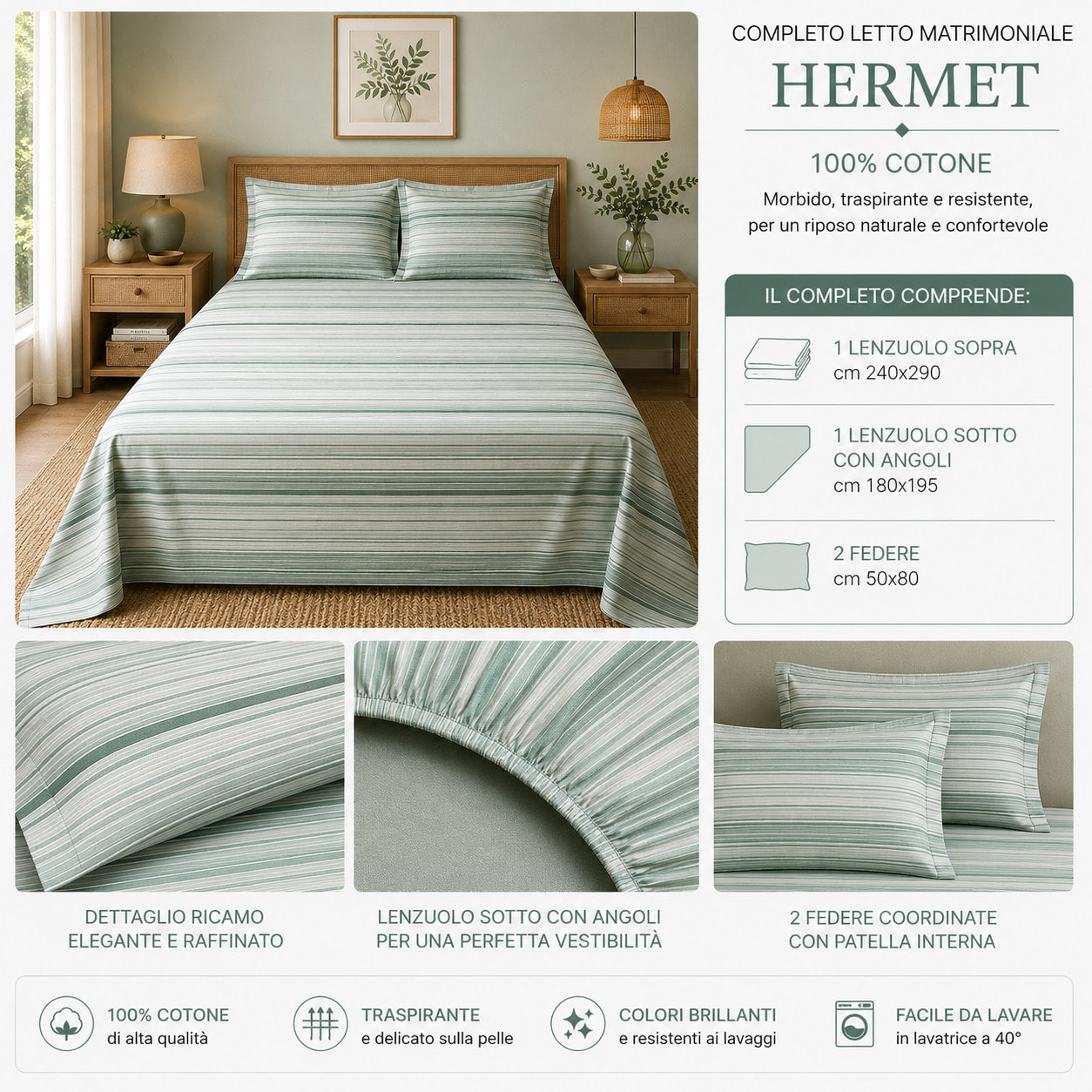 HERMET Completo Letto Matrimoniale in 100% Cotone_Roberta_Salvia