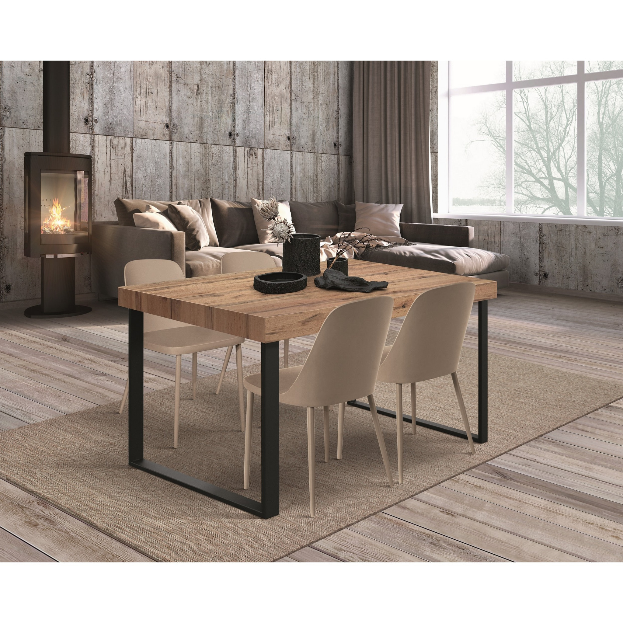 Tavolo CINQUALE in legno, finitura rovere rustico con gambe in metallo antracite, allungabile 140×90 cm – 220×90 cm