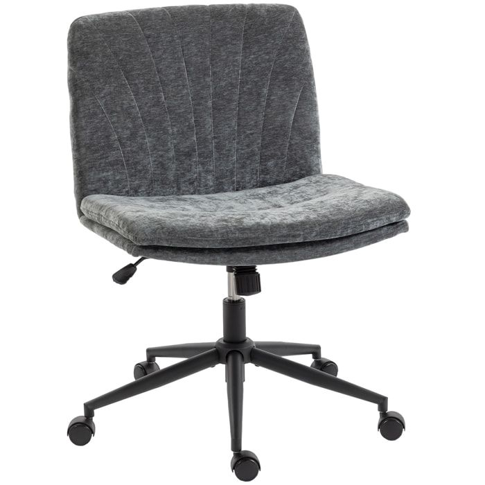 Silla de Oficina Piernas Cruzadas, Silla de Escritorio con Asiento Ancho, sin Reposabrazos, Ruedas, Altura Ajustable, Giratoria, Función Basculante, Tapizada en Chenilla, Gris