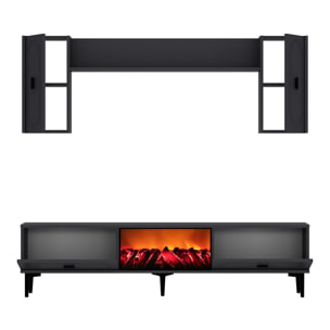 LEWES Ensemble meuble TV avec étagères murales et cheminée LED 150cm gris anthracite