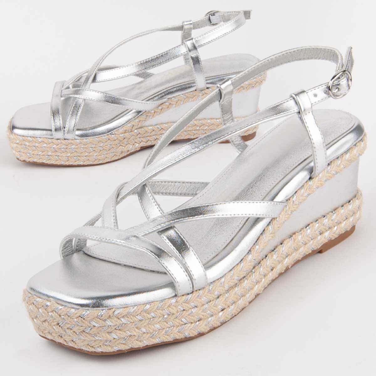 Sandalia De Cuña - Plateado - Altura: 7 Cm