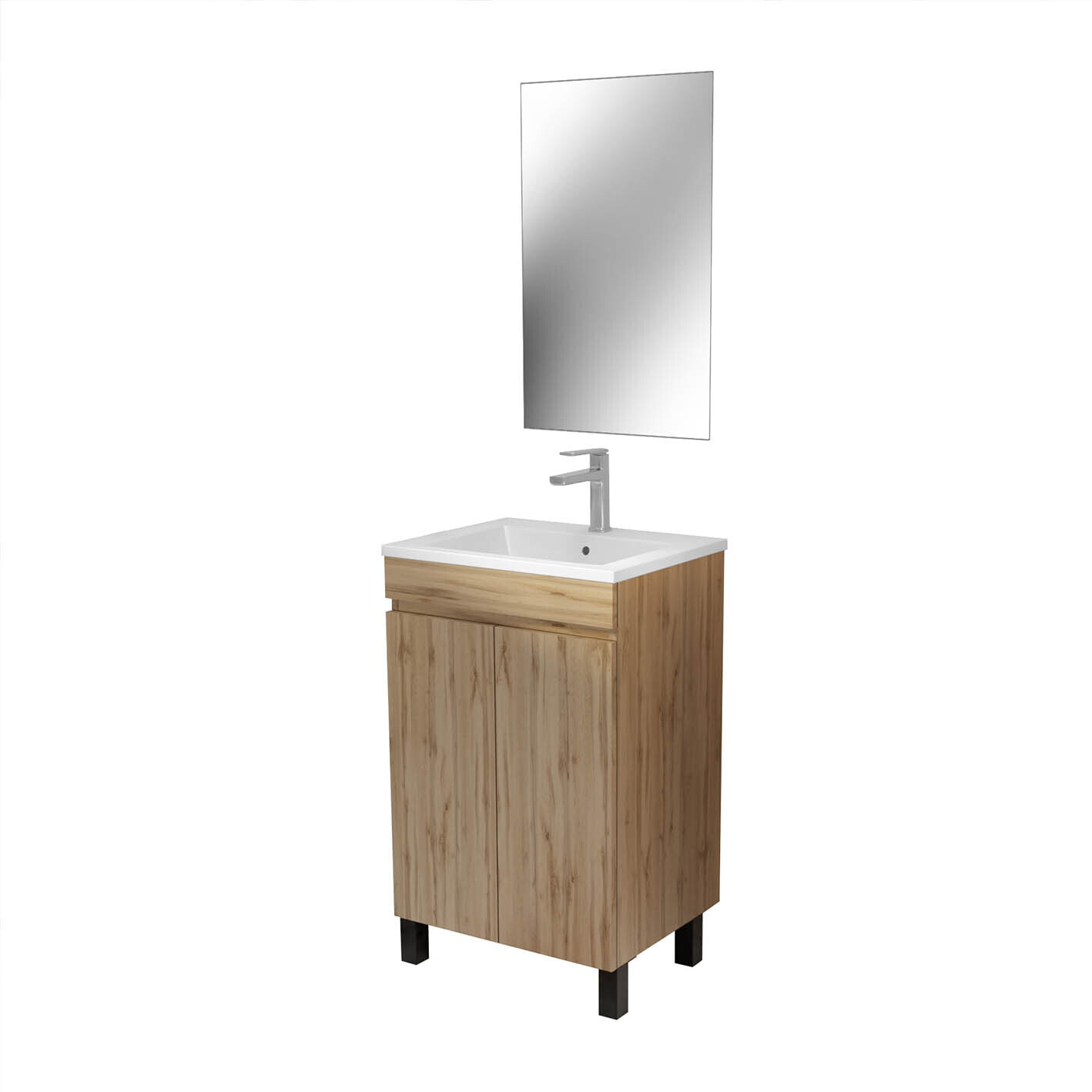 Meuble de Salle de Bains 50 cm Décor Chêne Naturel - Vasque Blanche et Miroir 42x66