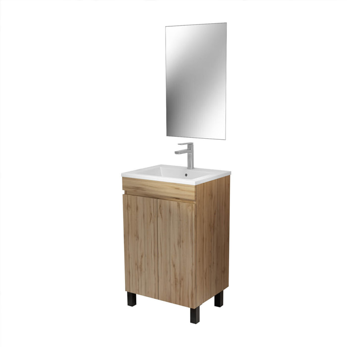 Meuble de Salle de Bains 50 cm Décor Chêne Naturel - Vasque Blanche et Miroir 42x66