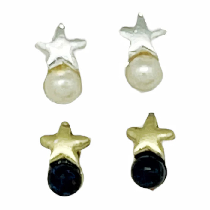 Pack de pendientes estrella mini con bolita en plata 10µ y dorado