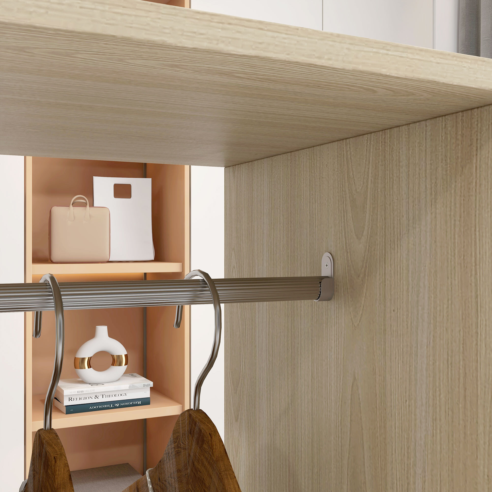 Armario Ropero con Ruedas, Armario Abierto Colgador con Barras para Colgar Ropa, Estantes Abiertos, para Dormitorio, 120x40x128 cm, Natural