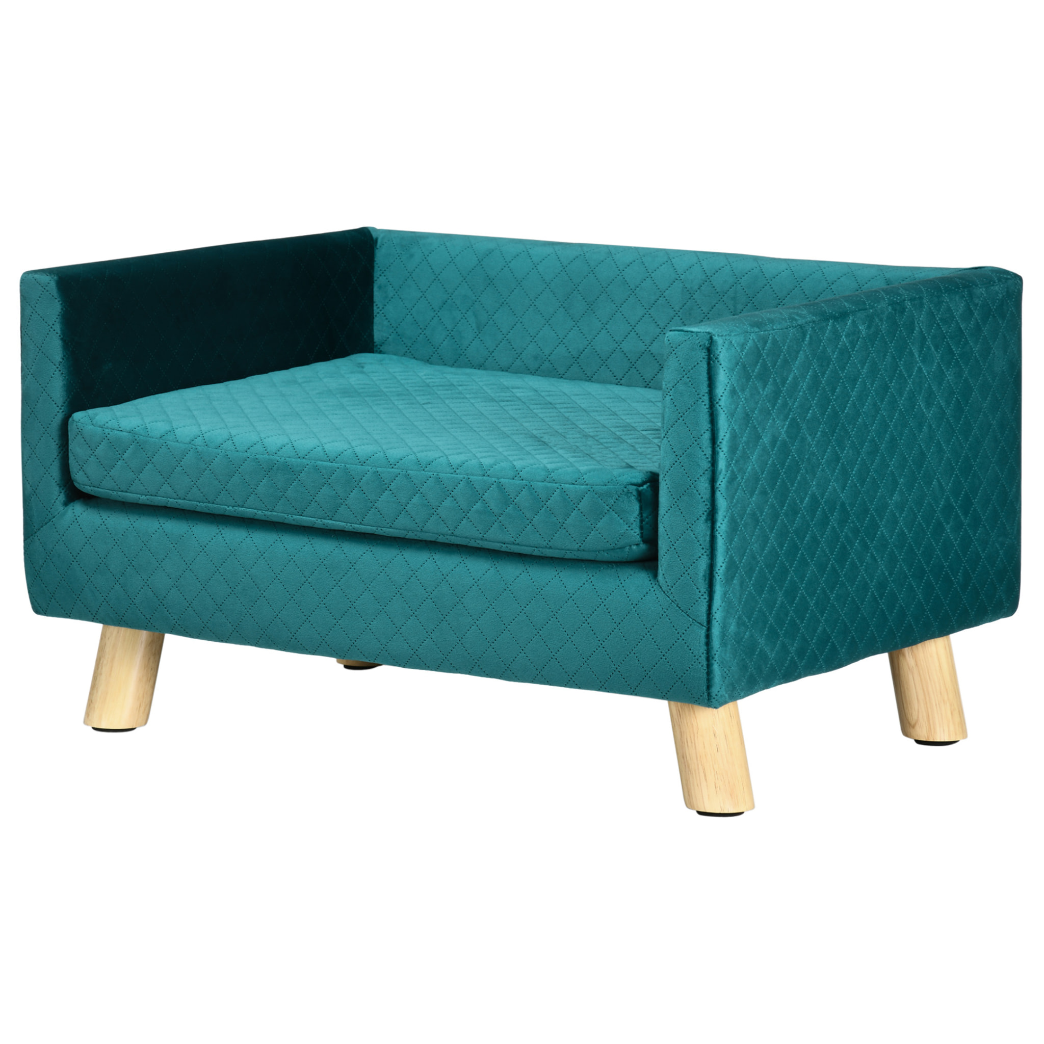 Canapé chien lit pour chien design scandinave coussin moelleux pieds bois massif dim. 64 x 45 x 36 cm velours bleu canard