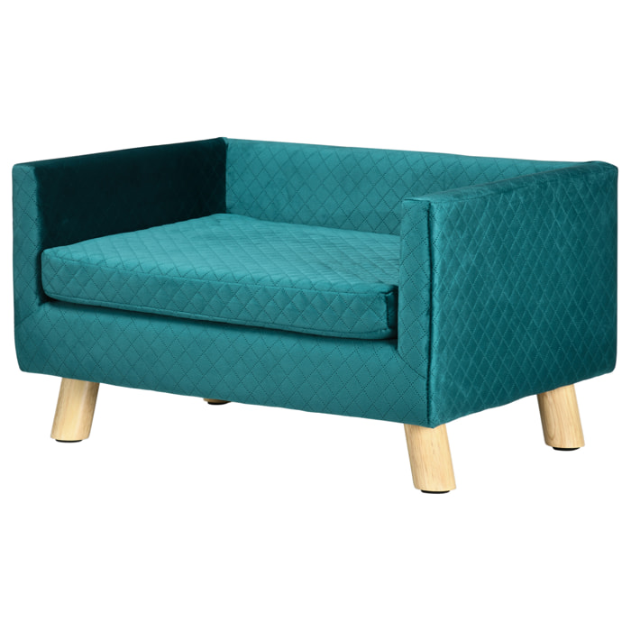 Canapé chien lit pour chien design scandinave coussin moelleux pieds bois massif dim. 64 x 45 x 36 cm velours bleu canard