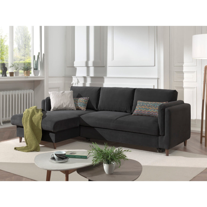 Brooke - canapé d'angle gauche - convertible avec coffre - 4 places - en velours - Gris foncé