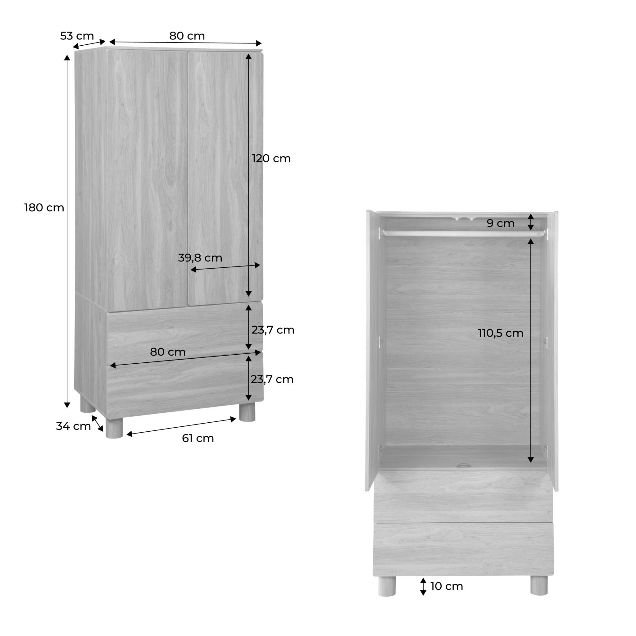 Armoire dressing décor bois 2 portes 2 tiroirs et 1 penderie AYANA