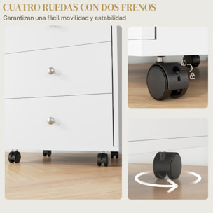 Cajonera de Oficina Mueble Archivador con 4 Ruedas 3 Cajones y 1 Bandeja Extraíble Carga 30 kg para Estudio Salón 43x40x66,5 cm Blanco y Natural