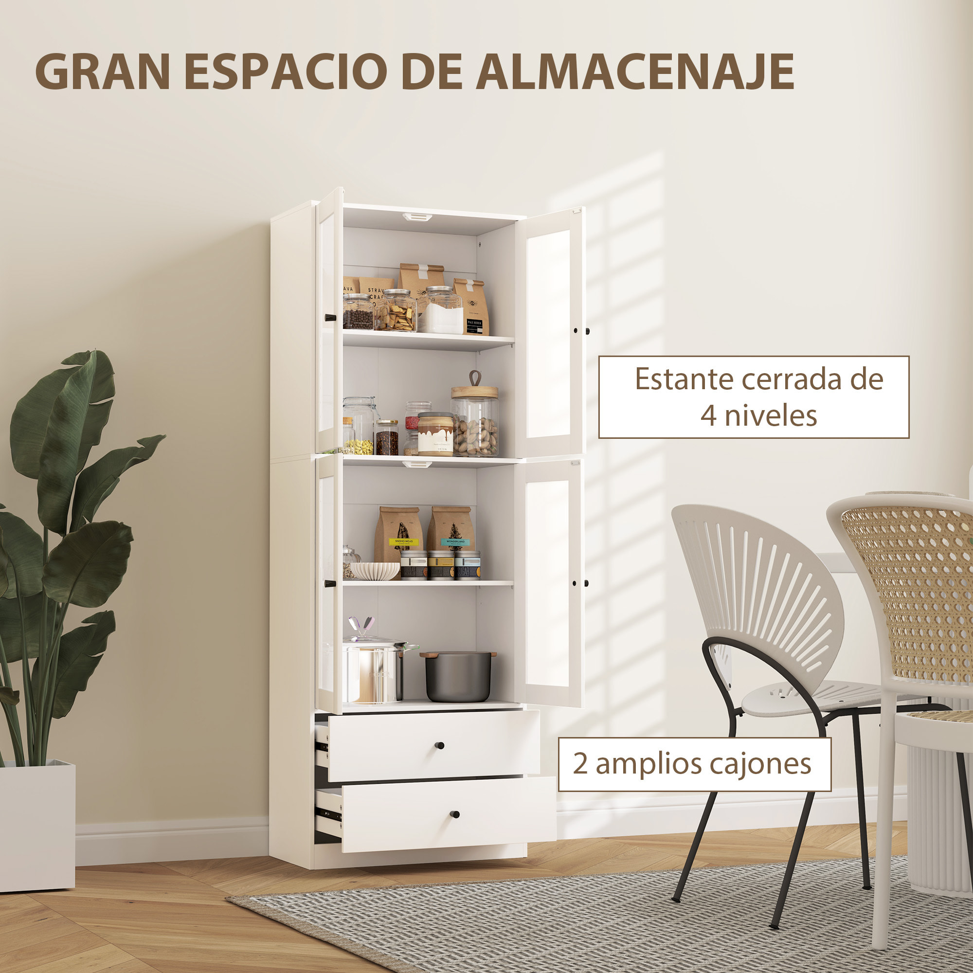 Alacena de Cocina Alta, Mueble Auxiliar de Cocina, con 4 Puertas de Vidrio, 2 Cajones, Estantes Ajustables, 59x30x170 cm, Blanco