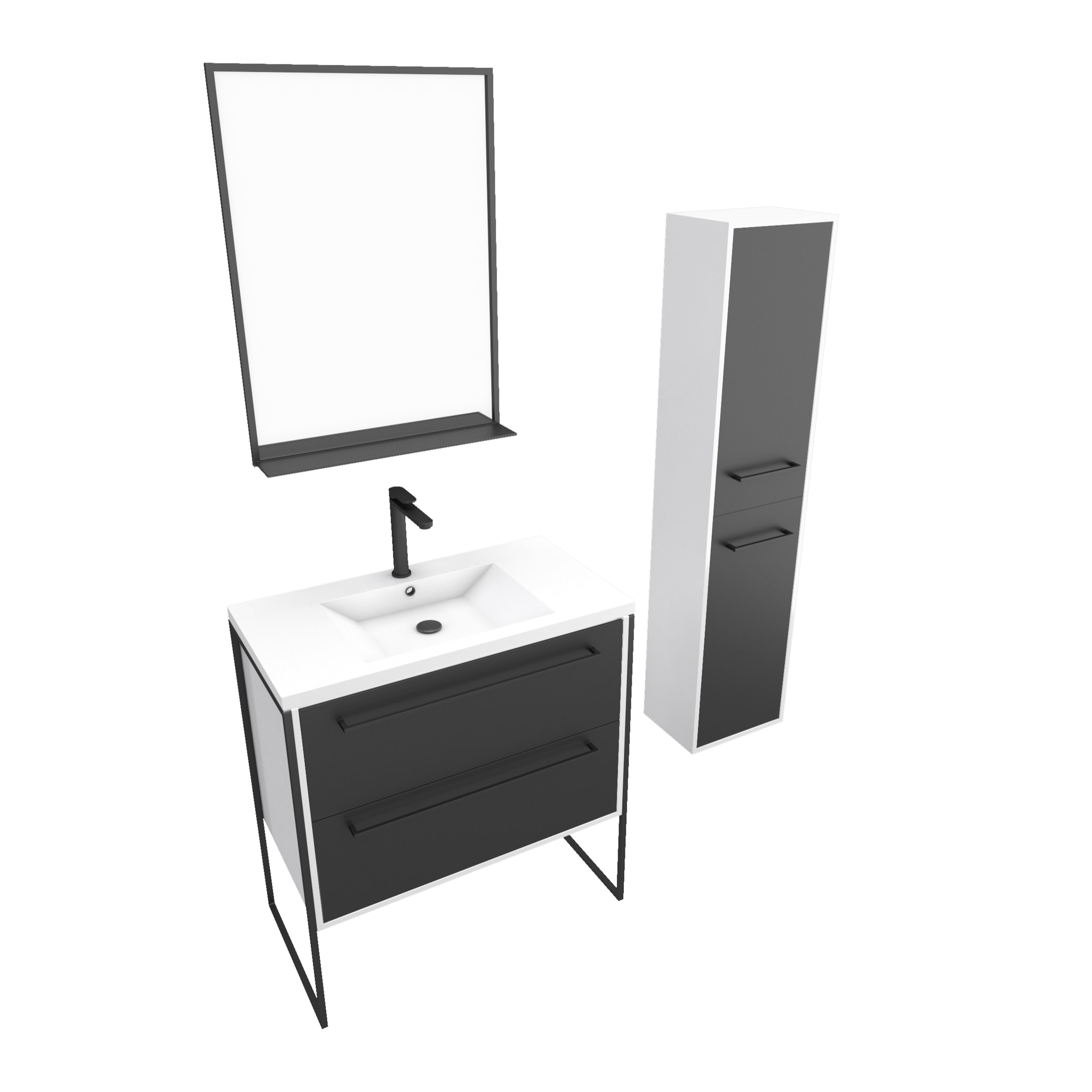Pack meuble de salle de bain 80x50 cm NOIR - vasque résine blanche + miroir noir mat + colonne