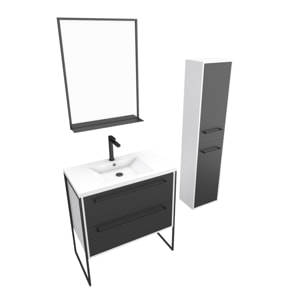 Pack meuble de salle de bain 80x50 cm NOIR - vasque résine blanche + miroir noir mat + colonne