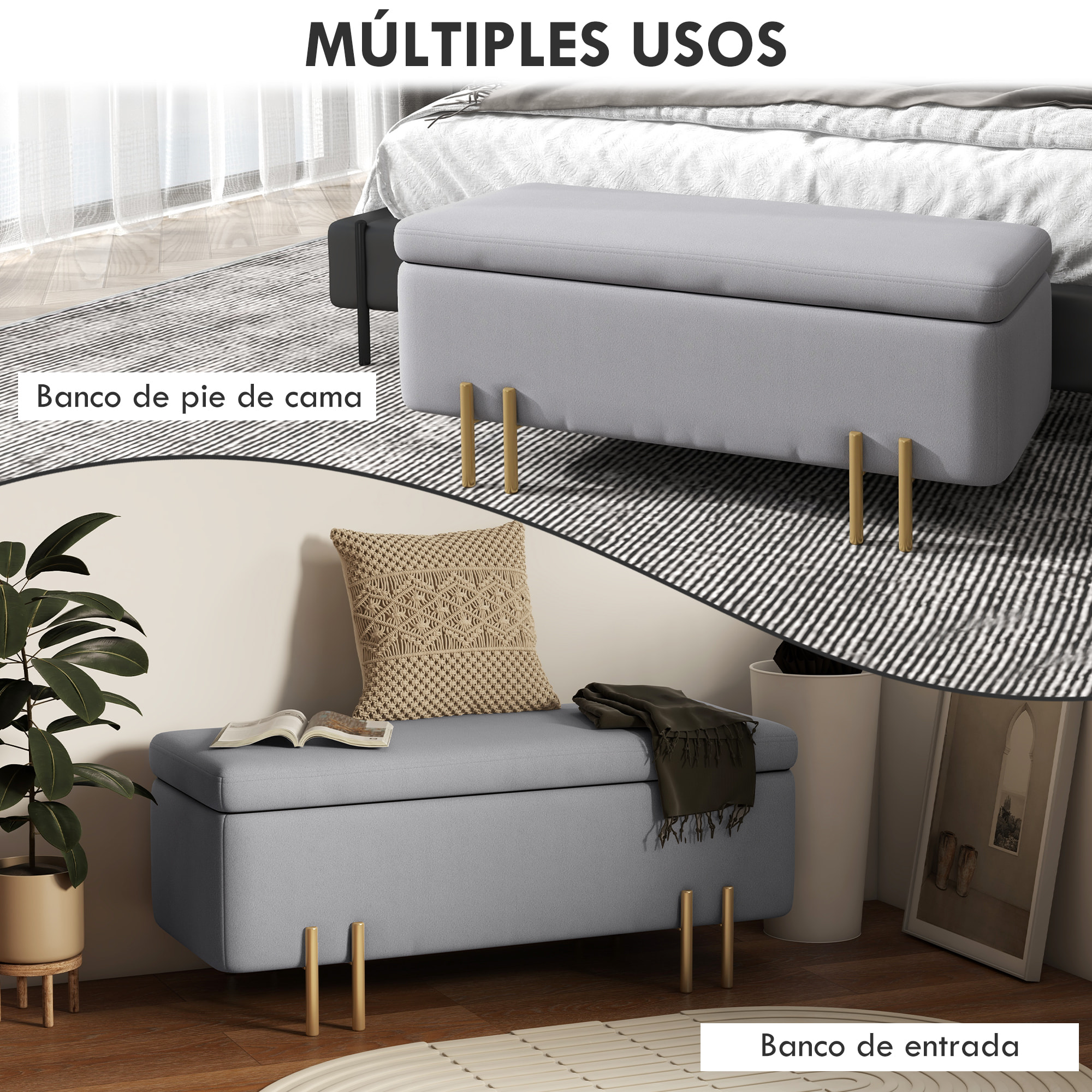 Baúl de Almacenaje para Dormitorio 70L Puff Almacenaje Tapizado en Terciopelo Banco de Almacenaje con Patas de Metal para Entrada Salón 100x40x42 cm Gris Claro