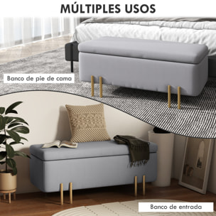 Baúl de Almacenaje para Dormitorio 70L Puff Almacenaje Tapizado en Terciopelo Banco de Almacenaje con Patas de Metal para Entrada Salón 100x40x42 cm Gris Claro