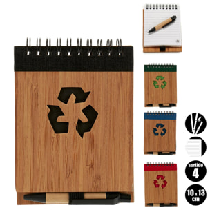 CONFEZIONE 4 TACCUINI E PENNA IN BAMBÙ RICICLATO 10X13CM S4