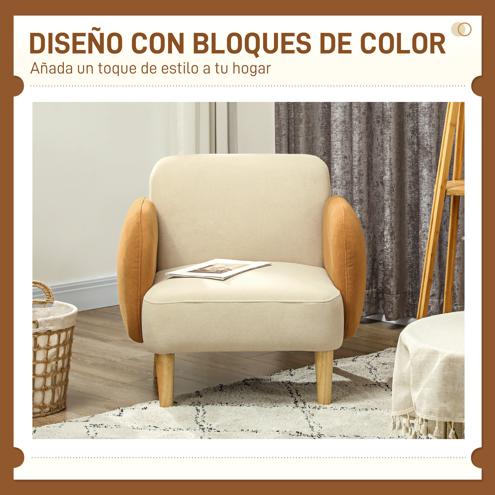 HOMCOM Sillón de Salón Nórdico Butaca para Dormitorio con Reposabrazos y Patas de Madera Sofá Individual Carga 120 kg para Oficina Sala de Estar Beige y Ocre