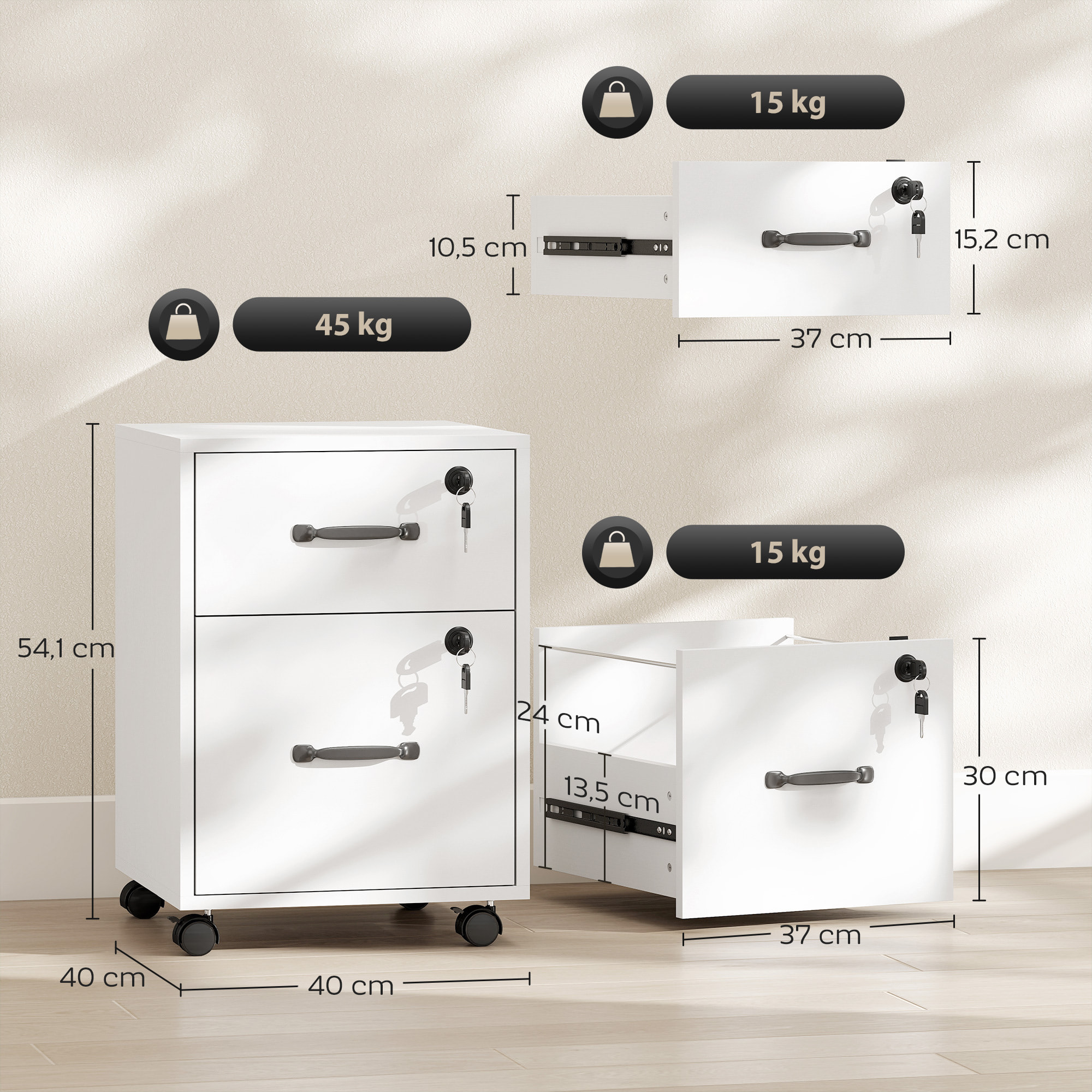 Caisson bureau verrouillable mobile 2 tiroirs coulissants trieur dossiers blanc