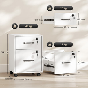 Caisson bureau verrouillable mobile 2 tiroirs coulissants trieur dossiers blanc